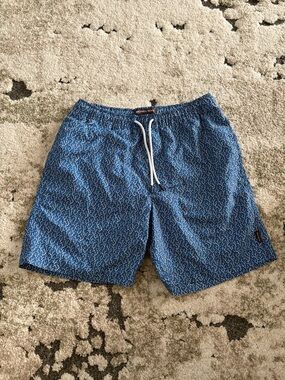 Michael Kors Navy and White Men's Swim Trunks with Micro Wave Print